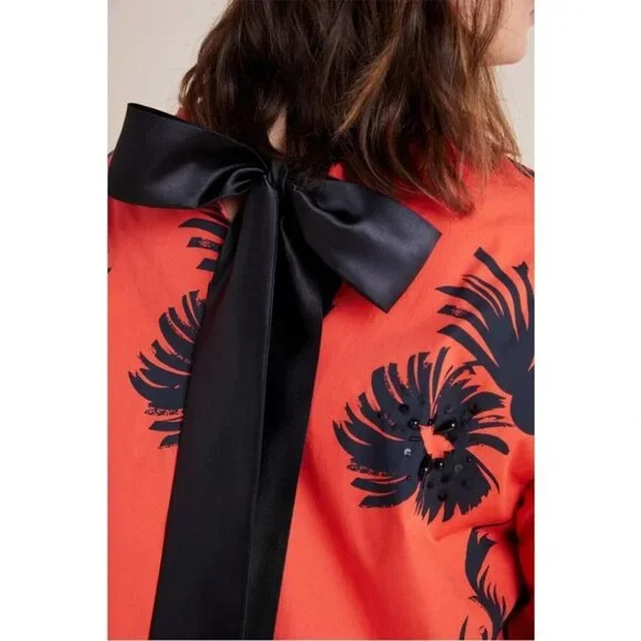 Atsu Anthropologie red black beaded floral puff statement sleeve shift dress - Picture 3 of 7